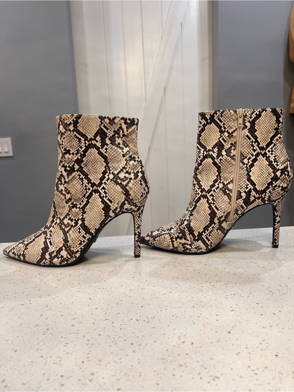 Thalia Sodi Beige and Black Snake-Print Pointed Toe Stiletto Ankle Boots